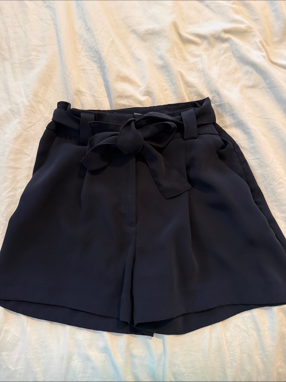 H&M Navy High-Waist Paperbag Tie Shorts
